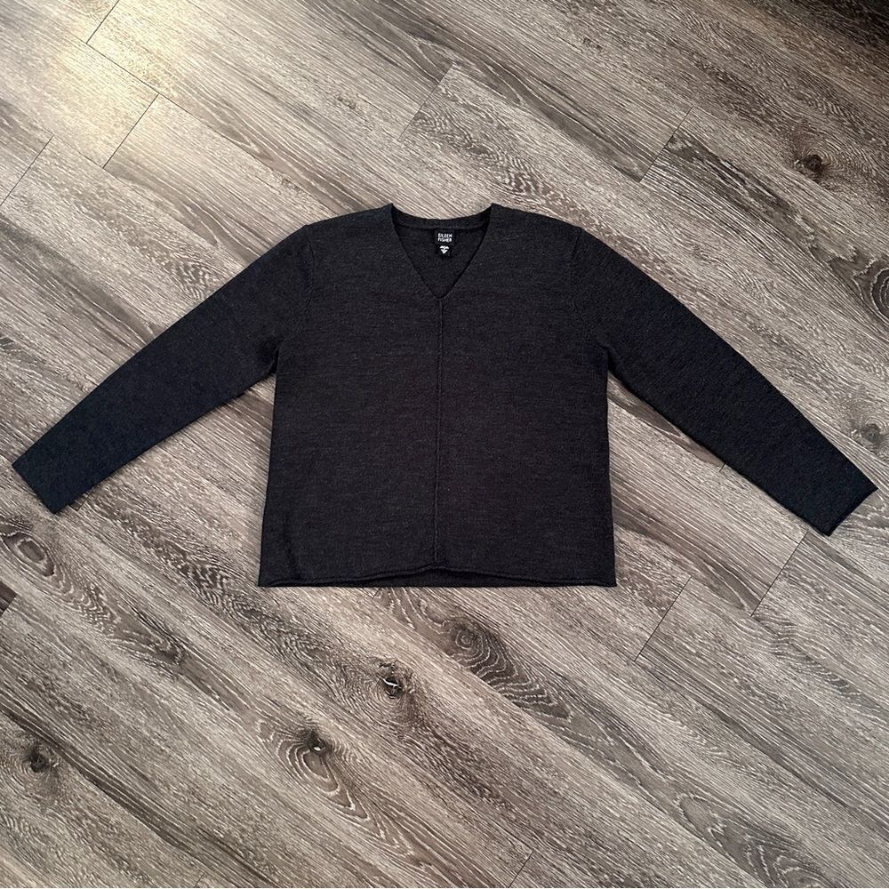 Eileen Fisher Dark Grey Merino Wool V Neck Sweater